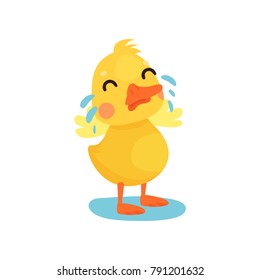 Cute little yellow duck chick character crying cartoon vector Illustration