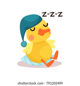 Cute little yellow duck chick character in a blue hat sleeping cartoon vector Illustration