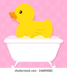 Cute little yellow duck floating in an old retro style bathtub with soapy bubbles over a pink tiled bathroom background, cartoon illustration