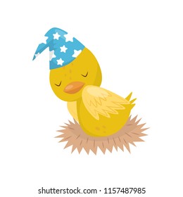 Cute little yellow duckling character in blue hat sleeping in the nest vector Illustration on a white background