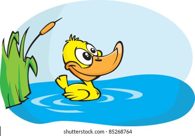 A Cute little yellow duckling paddles around in his pond. Cartoon vector illustration.