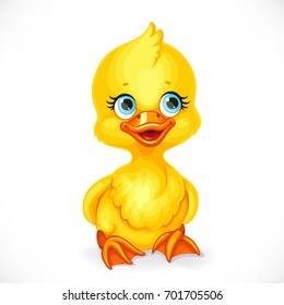 Cute little yellow duckling sit on floor isolated on white background