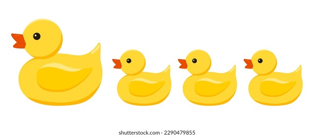 Cute little yellow rubber duck in a row toy for bath isolated on white background. Vector flat cartoon style design element bathing baby toy illustration.