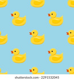 Cute little yellow rubber seamless pattern. Plastic duck toy for bath endless texture. Vector flat cartoon style design element bathing baby toy illustration.