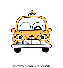 Lindo pequeño taxi amarillo en estilo doodle. Vista frontal del coche de dibujos animados. Concepto de diseño para pegatinas, carteles, tarjetas. Dibujado a mano ilustración aislada sobre fondo blanco.