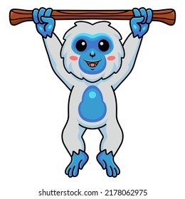 Cute little yeti cartoon hanging on tree