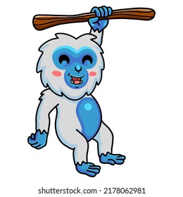 Pequeña caricatura de yeti lindo colgando del árbol