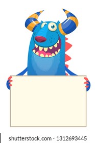 Cute Little Yeti Cartoon Mascot Character Holding Wooden Blank Sign. Vector Illustration Isolated On White Background