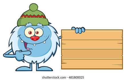 Cute Little Yeti Cartoon Mascot Character With Hat Pointing To A Wooden Blank Sign. Vector Illustration Isolated On White Background