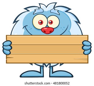 Cute Little Yeti Cartoon Mascot Character Holding Wooden Blank Sign. Vector Illustration Isolated On White Background