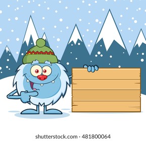 Cute Little Yeti Cartoon Mascot Character With Hat Pointing To A Wooden Blank Sign. Vector Illustration With Winter Background