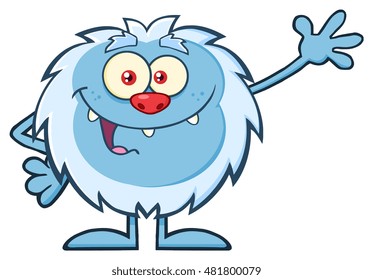 Cute Little Yeti Cartoon Mascot Character Waving For Greeting. Vector Illustration Isolated On White Background