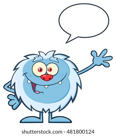 Cute Little Yeti Cartoon Mascot Character Waving For Greeting With Speech Bubble. Vector Illustration Isolated On White Background