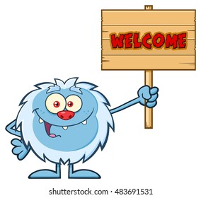 Cute Little Yeti Cartoon Mascot Character Holding Up A Welcome Wooden Sign. Vector Illustration Isolated On White Background