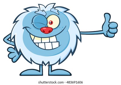 Cute Little Yeti Cartoon Mascot Character Winking And Holding A Thumb Up. Vector Illustration Isolated On White Background