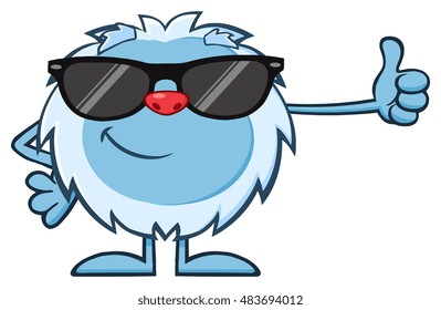 Cute Little Yeti Cartoon Mascot Character With Sunglasses Holding A Thumb Up. Vector Illustration Isolated On White Background