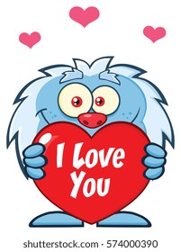 Cute Little Yeti Cartoon Mascot Character Holding A Valentine Love Heart. Vector Illustration Isolated On White Background With Text I love You