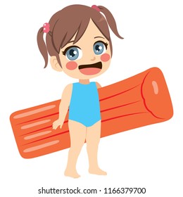 Cute little young happy girl with red inflatable on summer vacation beach day