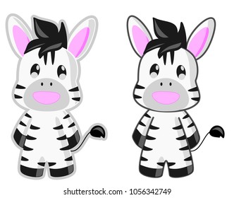 Cute Little Zebra Cartoon Character Vector Looking up, Smiling Happily - With and Without Outline.