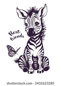 A cute little Zebra in cartoon style sits on bum, and his butterfly friend sits on his tail. Poster, postcard, congratulation and invitation with calligraphic inscription - Best Friends. Vector