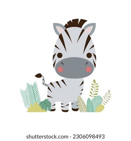Cute little zebra in the forest, funny cartoon character flat style element icon isolated on white background vector illustration