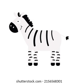 Cute little zebra isolated. Cartoon animal character for kids cards, baby shower, invitation, poster, t-shirt, house decor. Vector stock illustration.