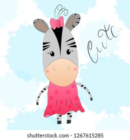 Cute little zebra in a pink dress. Vector cartoon illustration.