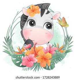 Cute little zebra portrait with floral