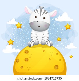Cute little zebra sitting on the moon Premium Vector