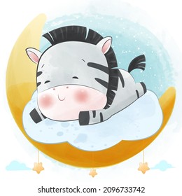Cute little Zebra sleeping in the cloud illustration
