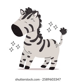 Cute little zebra vector print. Hand drawn cartoon flat illustration with kawaii african animal - little zebra for kids icons, prints, textiles