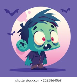 Ilustración de personaje de dibujos animados de niño zombi. Arte vectorial de Halloween. Fondo con luna grande y murciélagos voladores