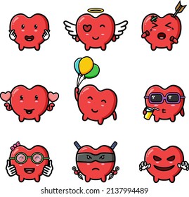 The cute live heart of the mascot bundle set of illustration