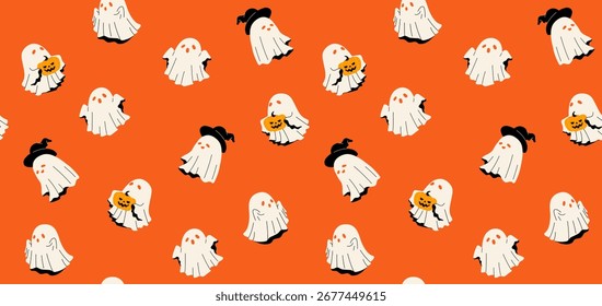 Cute and lively little ghosts pattern on orange background for Halloween day. Seamless pattern for print, decoration, background, backdrop, wrapping paper, template, invitation, October. Flat vector.
