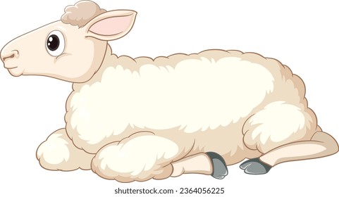 A cute and lively white sheep in a cartoon illustration style, sitting and laying down