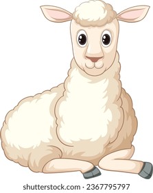 A cute and lively white sheep in a cartoon illustration style, sitting and laying down