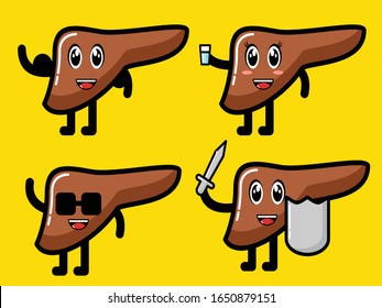 Cute Liver Cartoon Character Vector Illustration. Outline, Modern, And Funny Art. Perferct For Hoslital, Clinic, Apotek And Other. Set 4 Design.