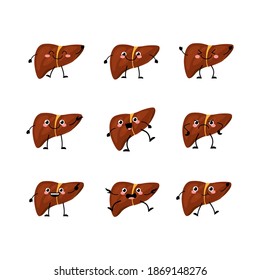  Cute liver organs character set  in a flat cartoon style. Human organs person with the different emotions. Vector kawaii illustration isolated on white background