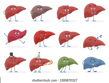 Cute liver positive and negative emotions organs set vector illustration.