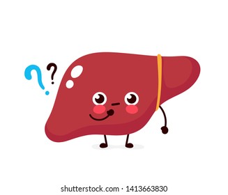 Cute liver with question mark character. Vector flat cartoon character illustration icon design. Isolated on white background. Liver thinking concept