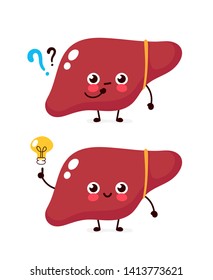 Cute liver with question mark and lightbulb character. Vector flat cartoon character illustration icon design. Isolated on white background. Uterus have idea concept