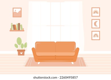 Cute living room interior - sofa on rug, home plant, paintings, bookshelf and window with curtains. Vector illustration in flat cartoon style	