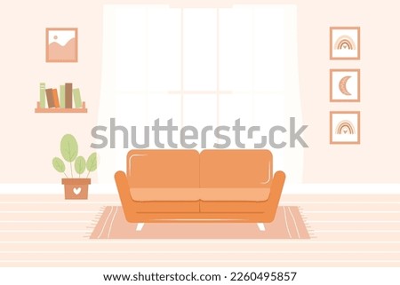 Cute living room interior - sofa on rug, home plant, paintings, bookshelf and window with curtains. Vector illustration in flat cartoon style	