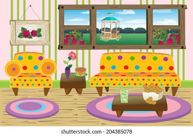 cute living room scene/Happy Living Room/Colorful living room scene. Things are grouped appropriately in case they need to be moved around.