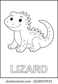 Cute Lizard Cartoon Character. Reptile Coloring Page for Kids. Educational and Printable Worksheet.
