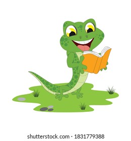 cute lizard reading a book, simple vector illustration