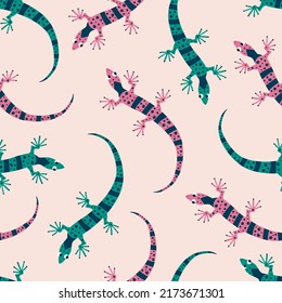 Cute lizards hand drawn vector illustration. Funny colorful salamanders in flat style seamless pattern for kids fabric or wallpaper.