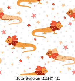Cute lizards on seamless vector pattern. Funny print with tropical wild reptiles for kids textile