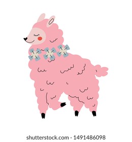 Cute Llama, Adorable Pink Alpaca Animal Character Side View Vector Illustration