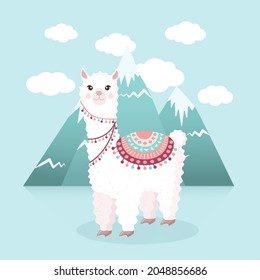 Cute llama or alpaca against the background of mountains and clouds. Vector illustration for greeting card, poster, texture, textile, decor. Cartoon character.